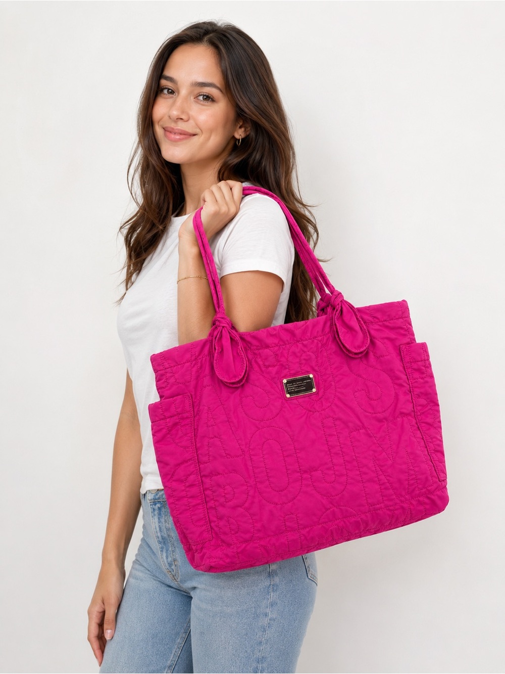 MARC JACOBS Workwear Pink Embroidered Logo Quilted Tote Bag w Divided Interior